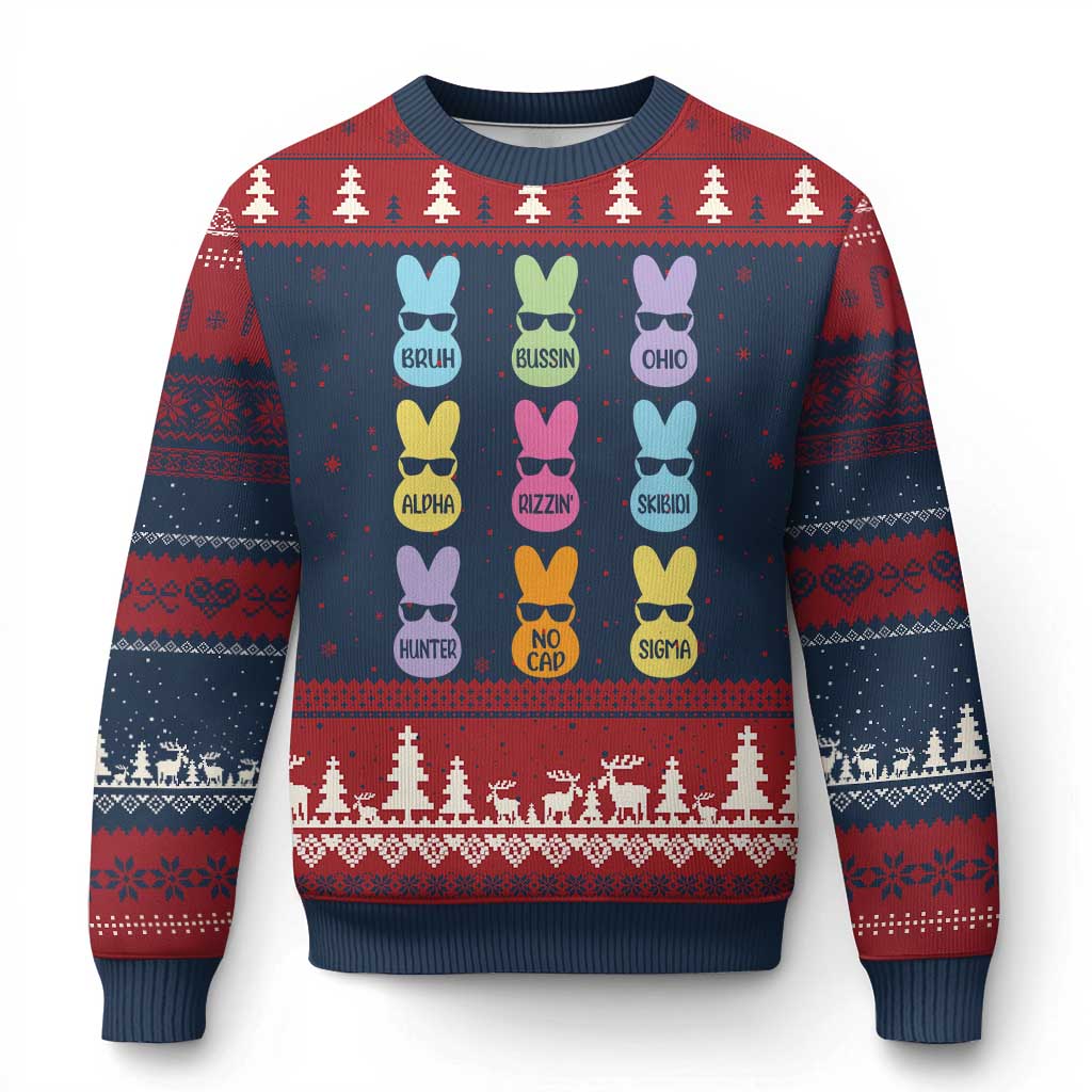 Easter Bruh Ugly Christmas Sweater Gen Alpha Slang Skibidi Rizz Cute Bunny - Wonder Print Shop