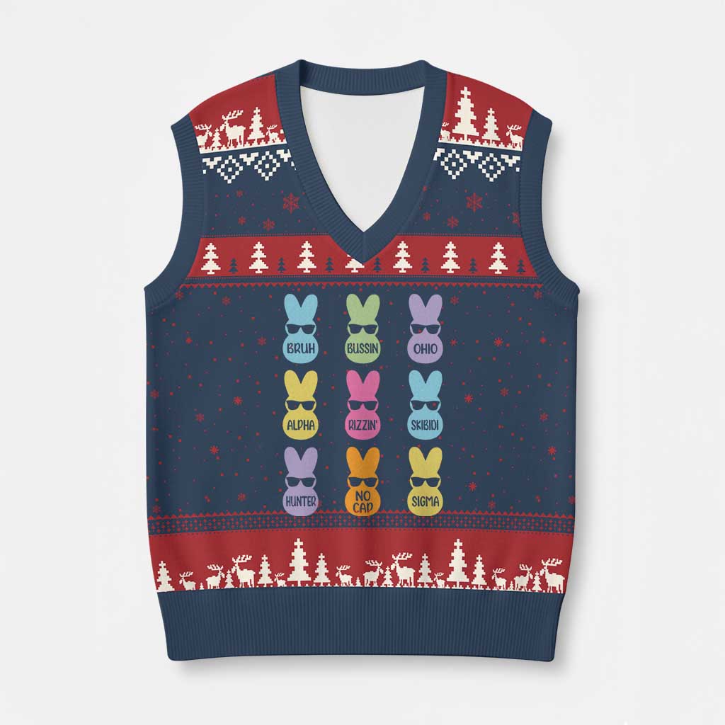 Easter Bruh V-Neck Knit Sweater Vest Gen Alpha Slang Skibidi Rizz Cute Bunny - Wonder Print Shop