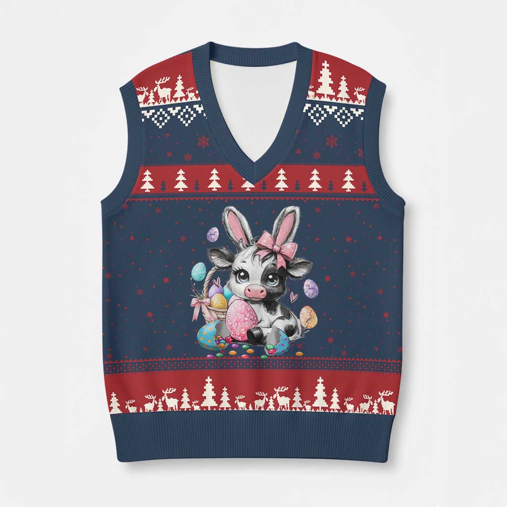 Easter Day Cow V-Neck Knit Sweater Vest Cute Cow Bunny Heifer - Wonder Print Shop