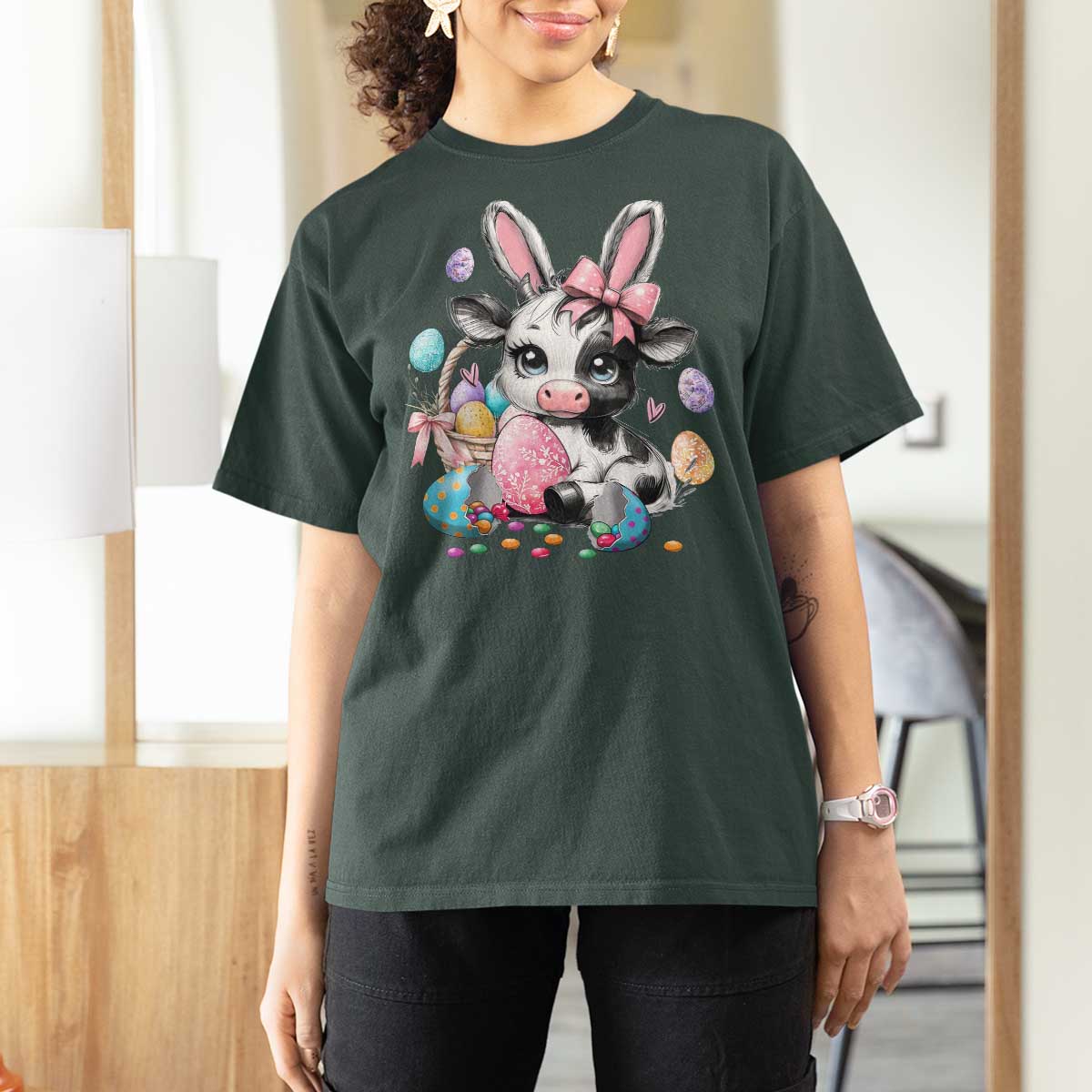 Easter Day Cow T Shirt For Women Cute Cow Bunny Heifer - Wonder Print Shop