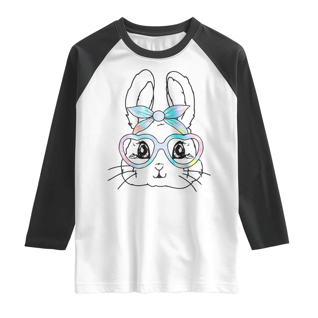 Girls Easter Bunny Raglan Shirt Rabbit Face Tie Dye Glasses Happy Easter Day - Wonder Print Shop