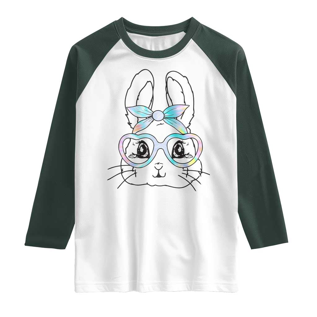 Girls Easter Bunny Raglan Shirt Rabbit Face Tie Dye Glasses Happy Easter Day - Wonder Print Shop