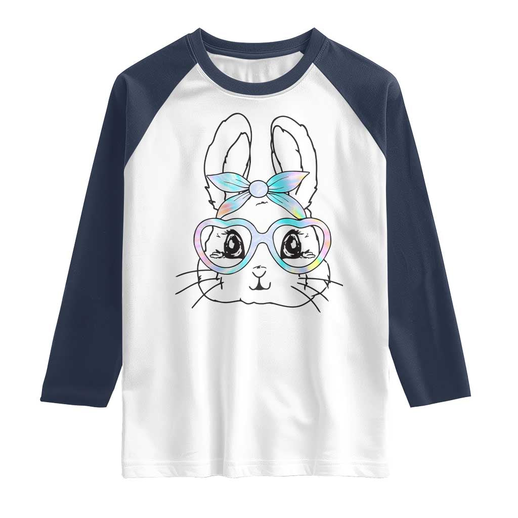 Girls Easter Bunny Raglan Shirt Rabbit Face Tie Dye Glasses Happy Easter Day - Wonder Print Shop