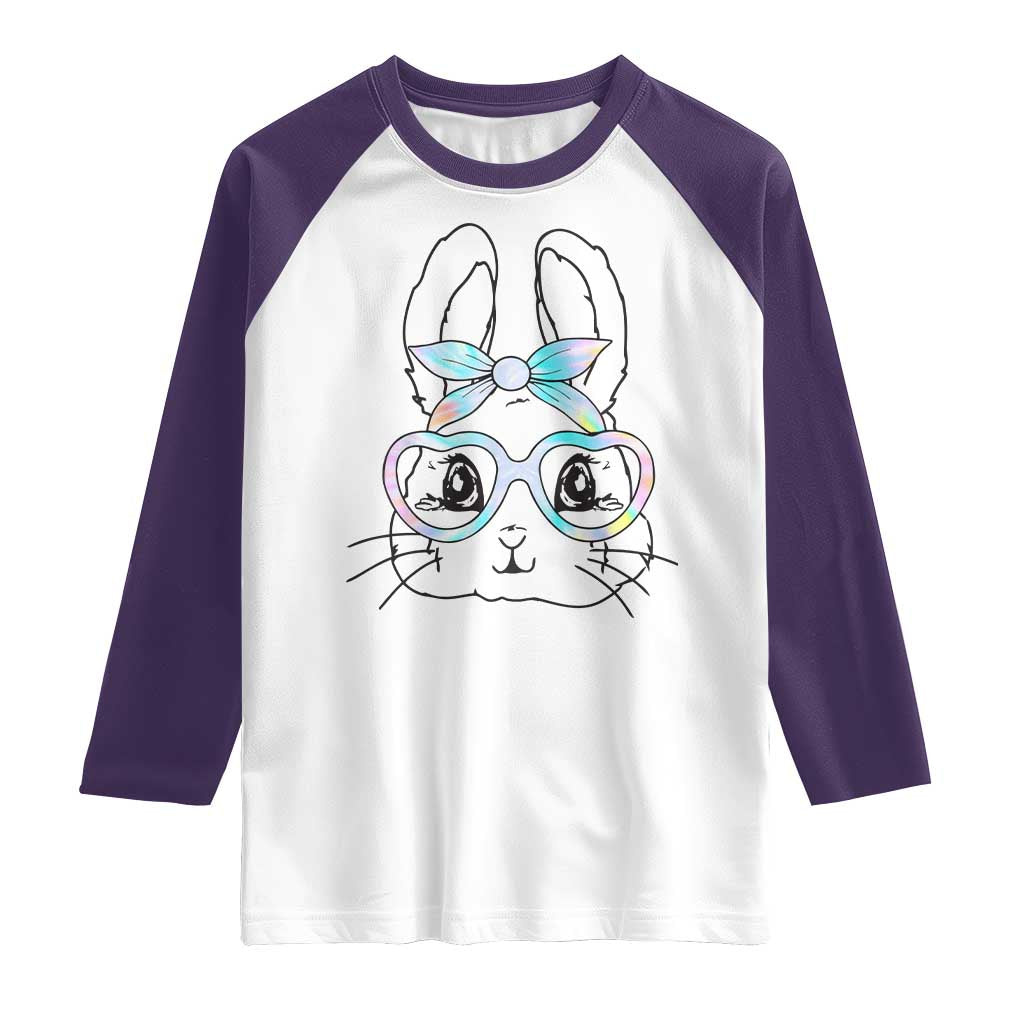 Girls Easter Bunny Raglan Shirt Rabbit Face Tie Dye Glasses Happy Easter Day - Wonder Print Shop