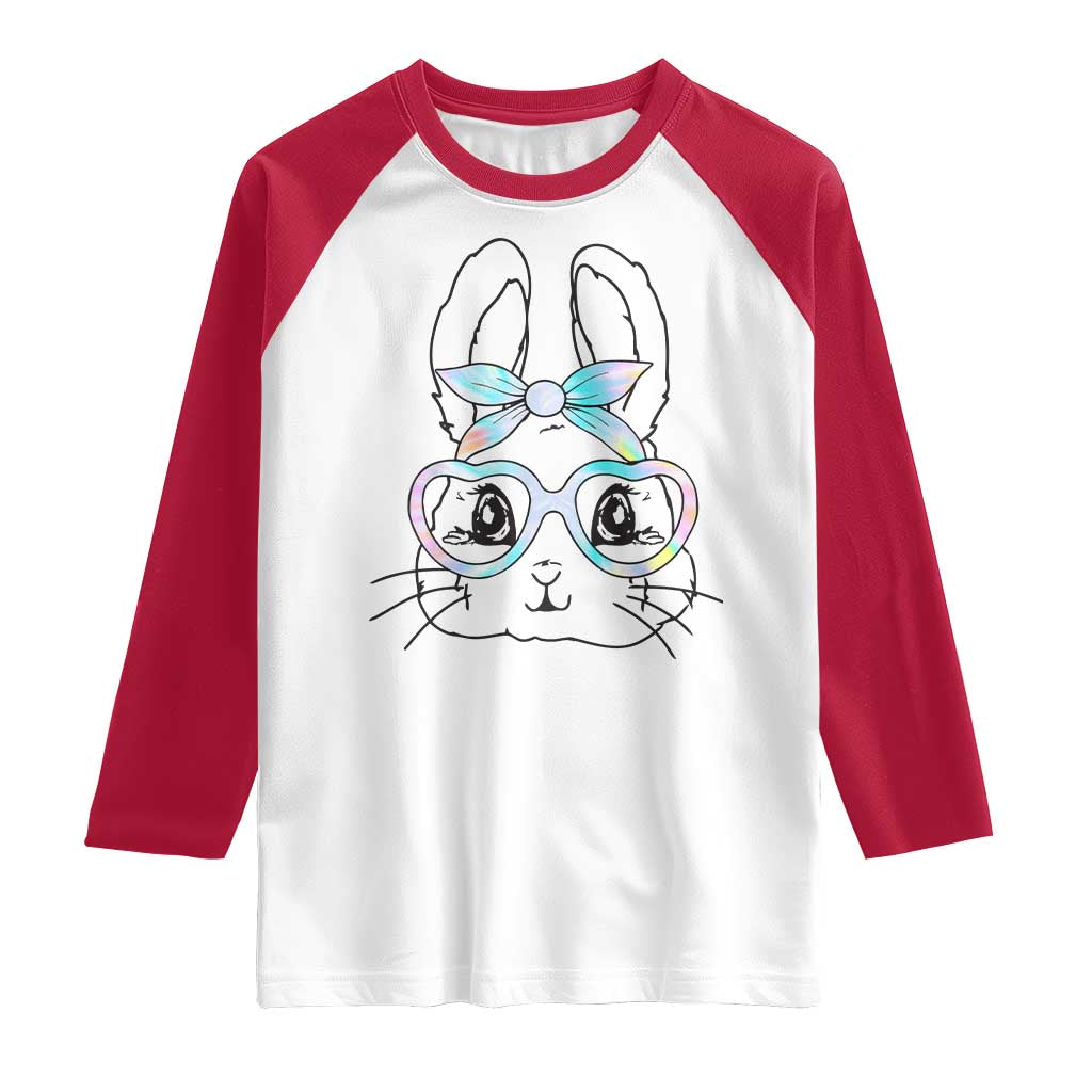 Girls Easter Bunny Raglan Shirt Rabbit Face Tie Dye Glasses Happy Easter Day - Wonder Print Shop