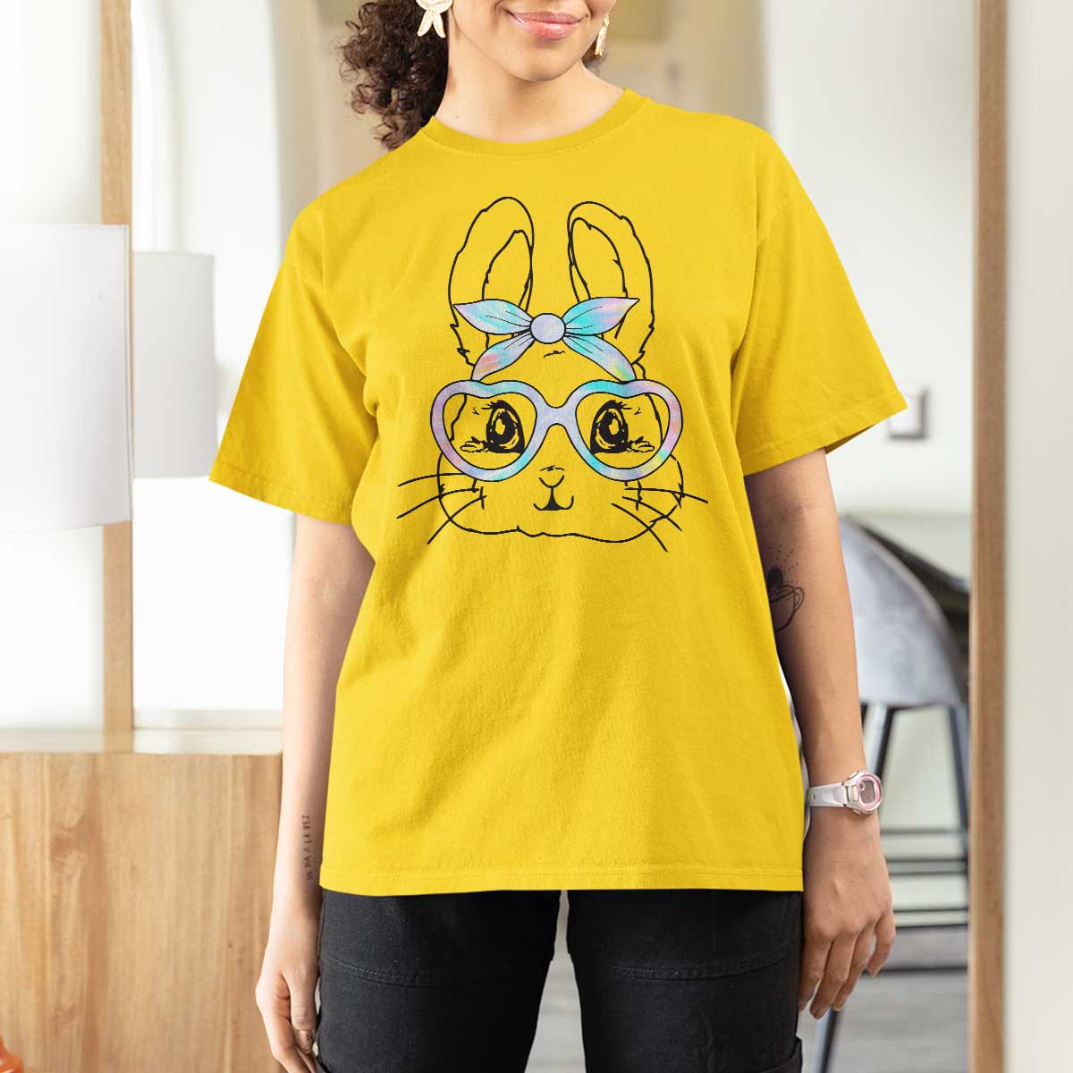 Girls Easter Bunny T Shirt For Women Rabbit Face Tie Dye Glasses Happy Easter Day - Wonder Print Shop