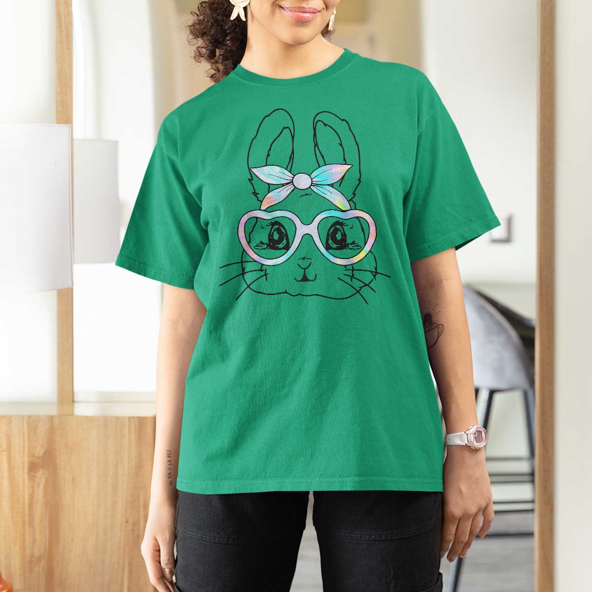 Girls Easter Bunny T Shirt For Women Rabbit Face Tie Dye Glasses Happy Easter Day - Wonder Print Shop