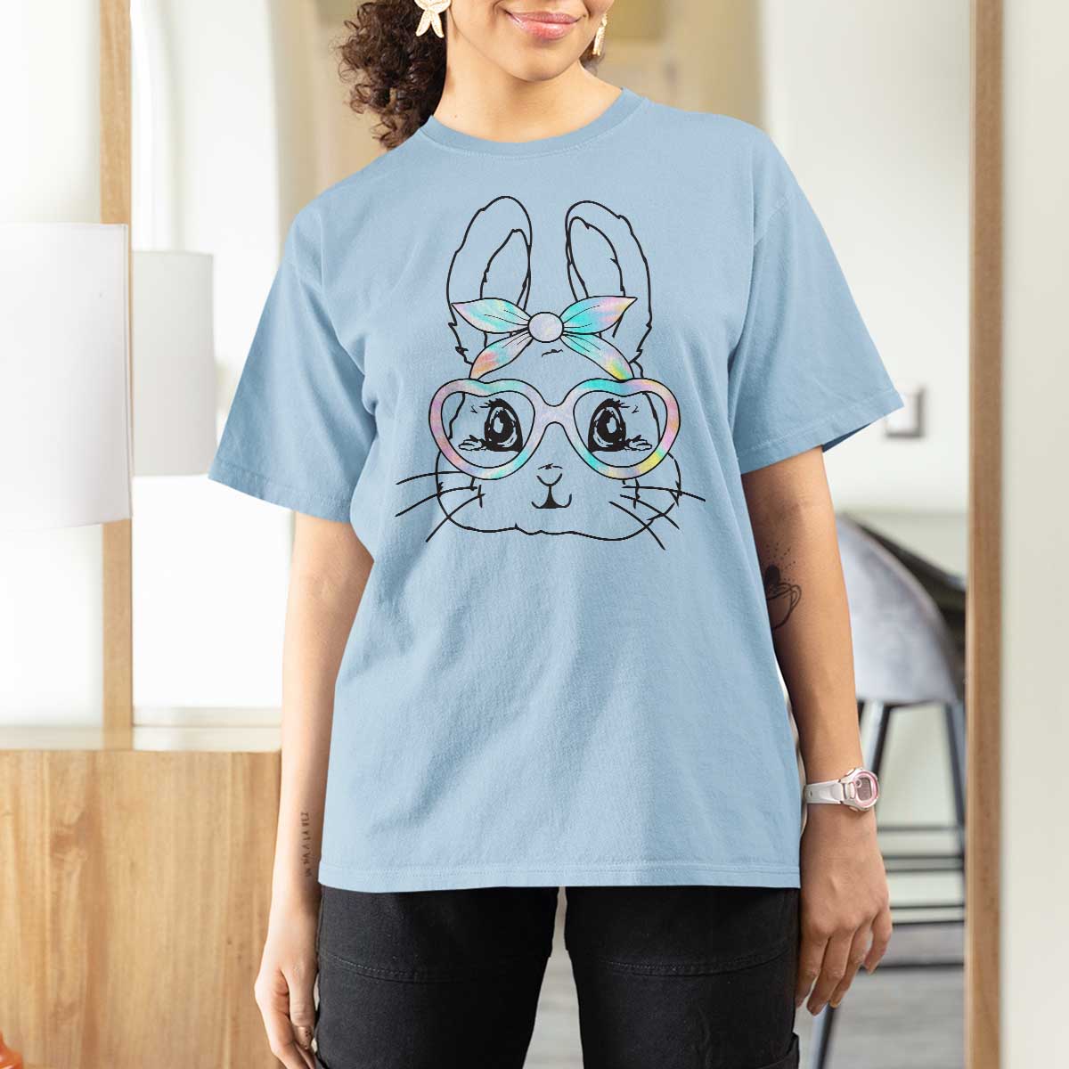 Girls Easter Bunny T Shirt For Women Rabbit Face Tie Dye Glasses Happy Easter Day - Wonder Print Shop
