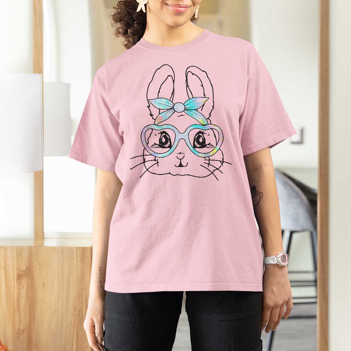 Girls Easter Bunny T Shirt For Women Rabbit Face Tie Dye Glasses Happy Easter Day - Wonder Print Shop