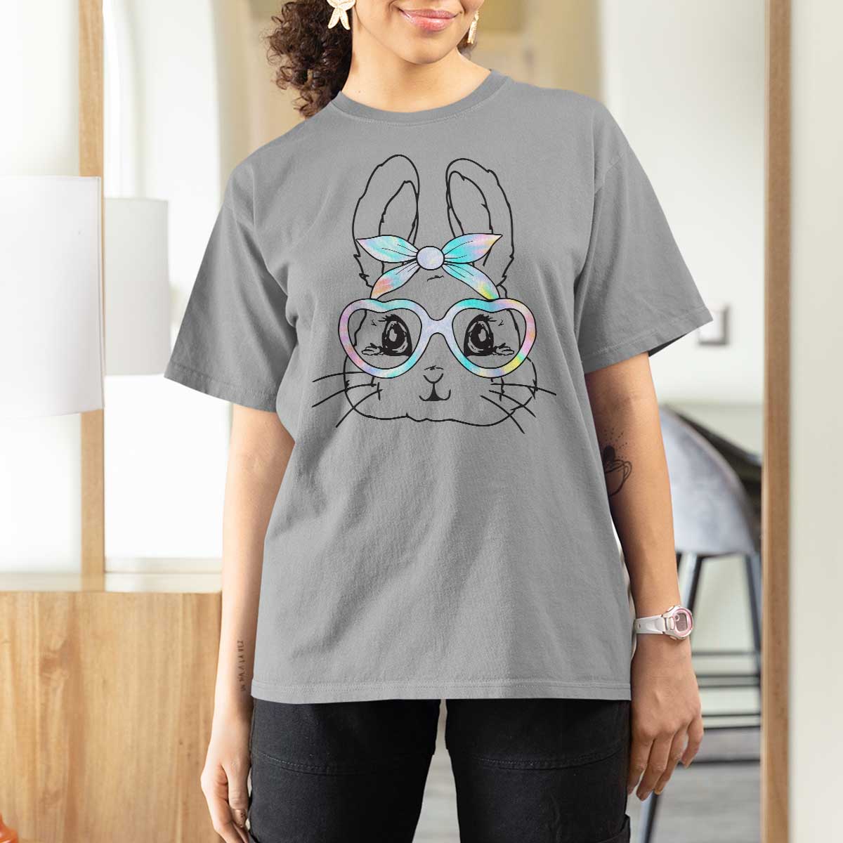 Girls Easter Bunny T Shirt For Women Rabbit Face Tie Dye Glasses Happy Easter Day - Wonder Print Shop
