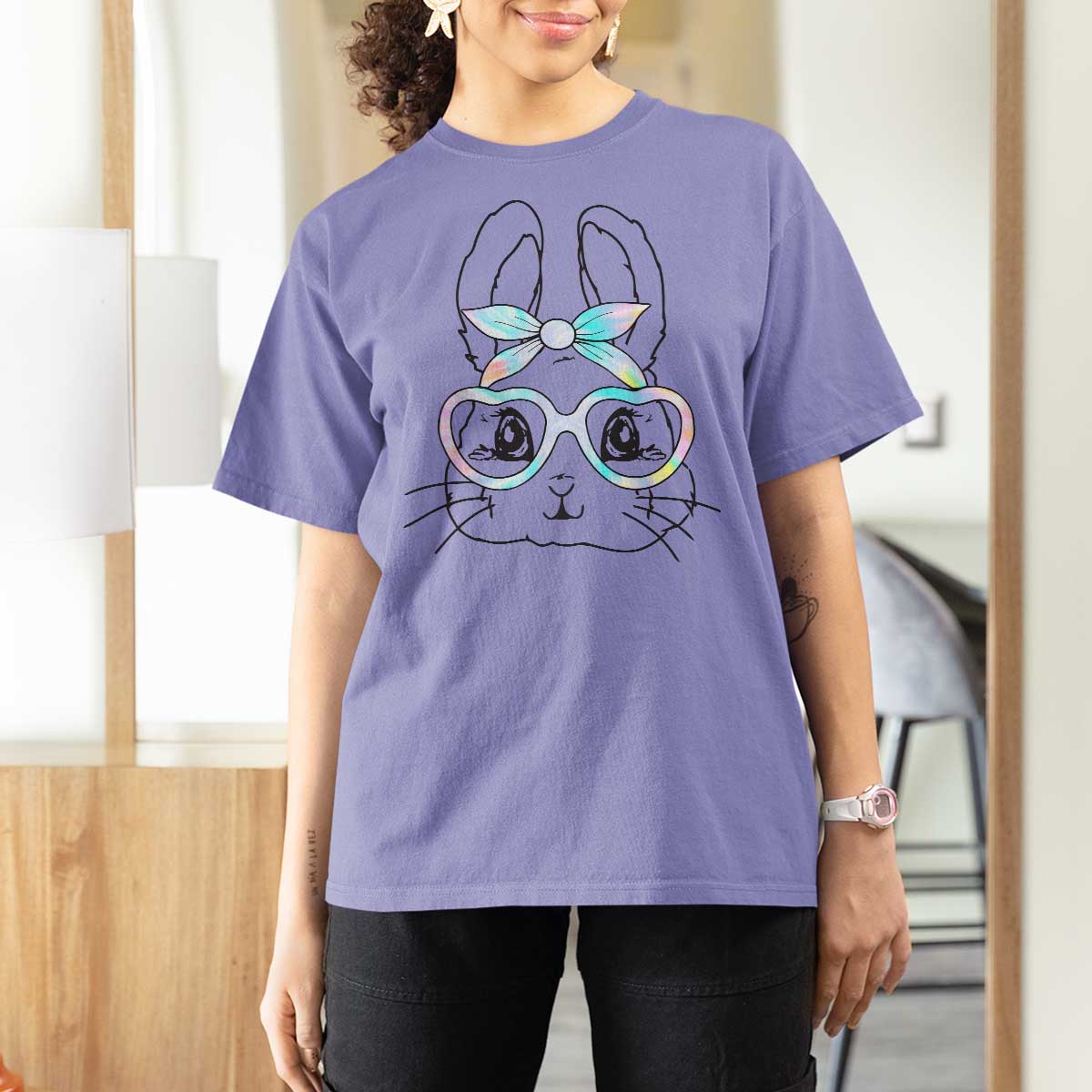 Girls Easter Bunny T Shirt For Women Rabbit Face Tie Dye Glasses Happy Easter Day - Wonder Print Shop
