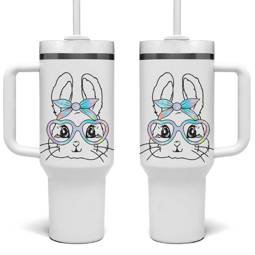 Girls Easter Bunny Tumbler With Handle Rabbit Face Tie Dye Glasses Happy Easter Day - Wonder Print Shop