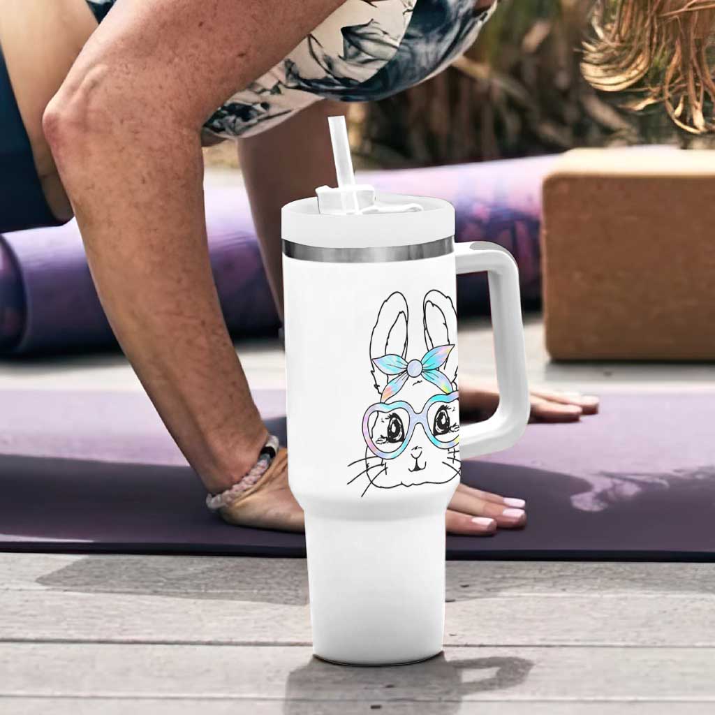 Girls Easter Bunny Tumbler With Handle Rabbit Face Tie Dye Glasses Happy Easter Day - Wonder Print Shop