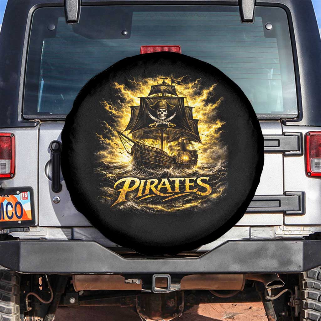 Pirate Lovers Spare Tire Cover Vintage Golden Pirate Ship Skull Graphic