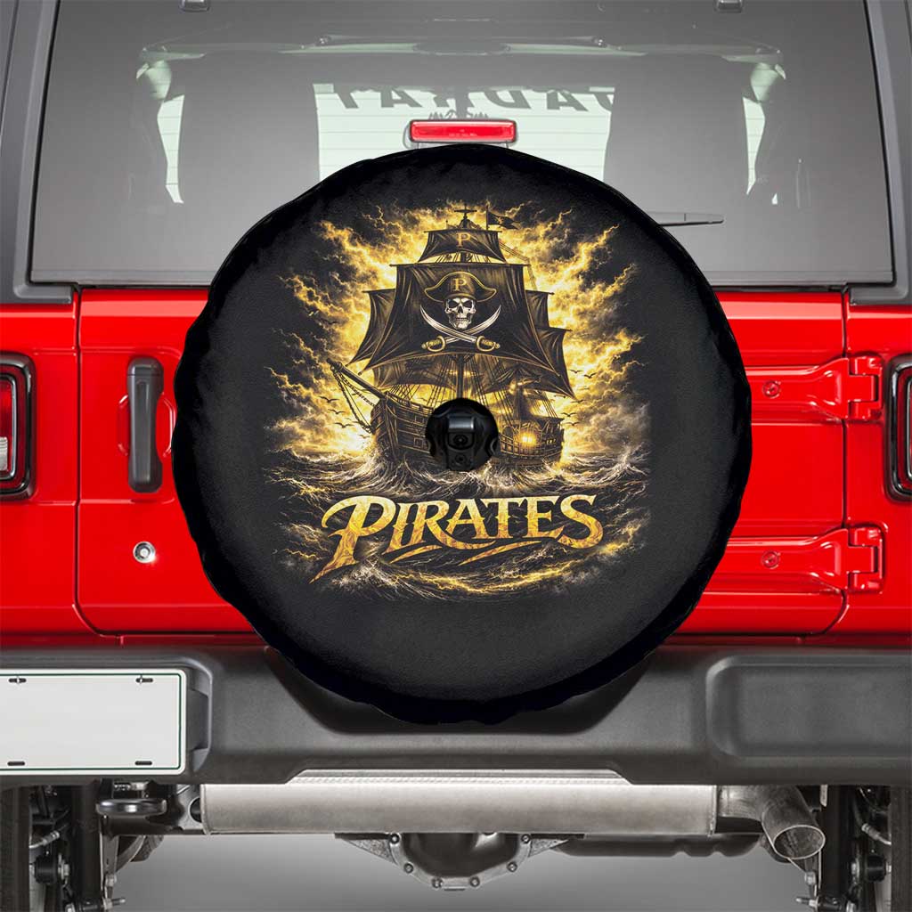 Pirate Lovers Spare Tire Cover Vintage Golden Pirate Ship Skull Graphic