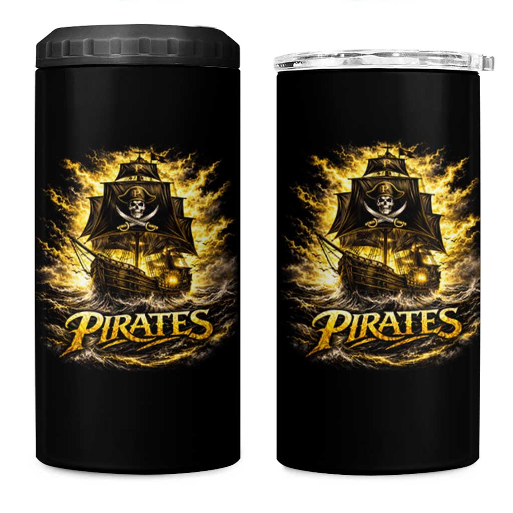 Pirate Lovers 4 in 1 Can Cooler Tumbler Vintage Golden Pirate Ship Skull Graphic