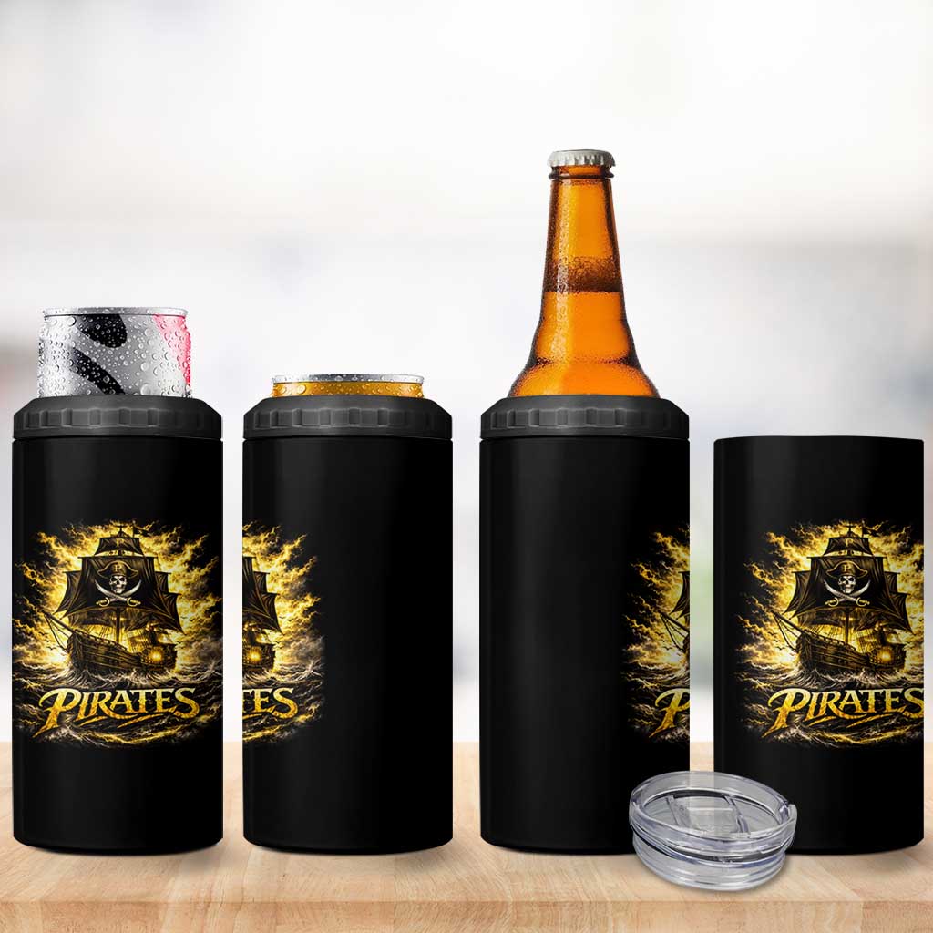 Pirate Lovers 4 in 1 Can Cooler Tumbler Vintage Golden Pirate Ship Skull Graphic
