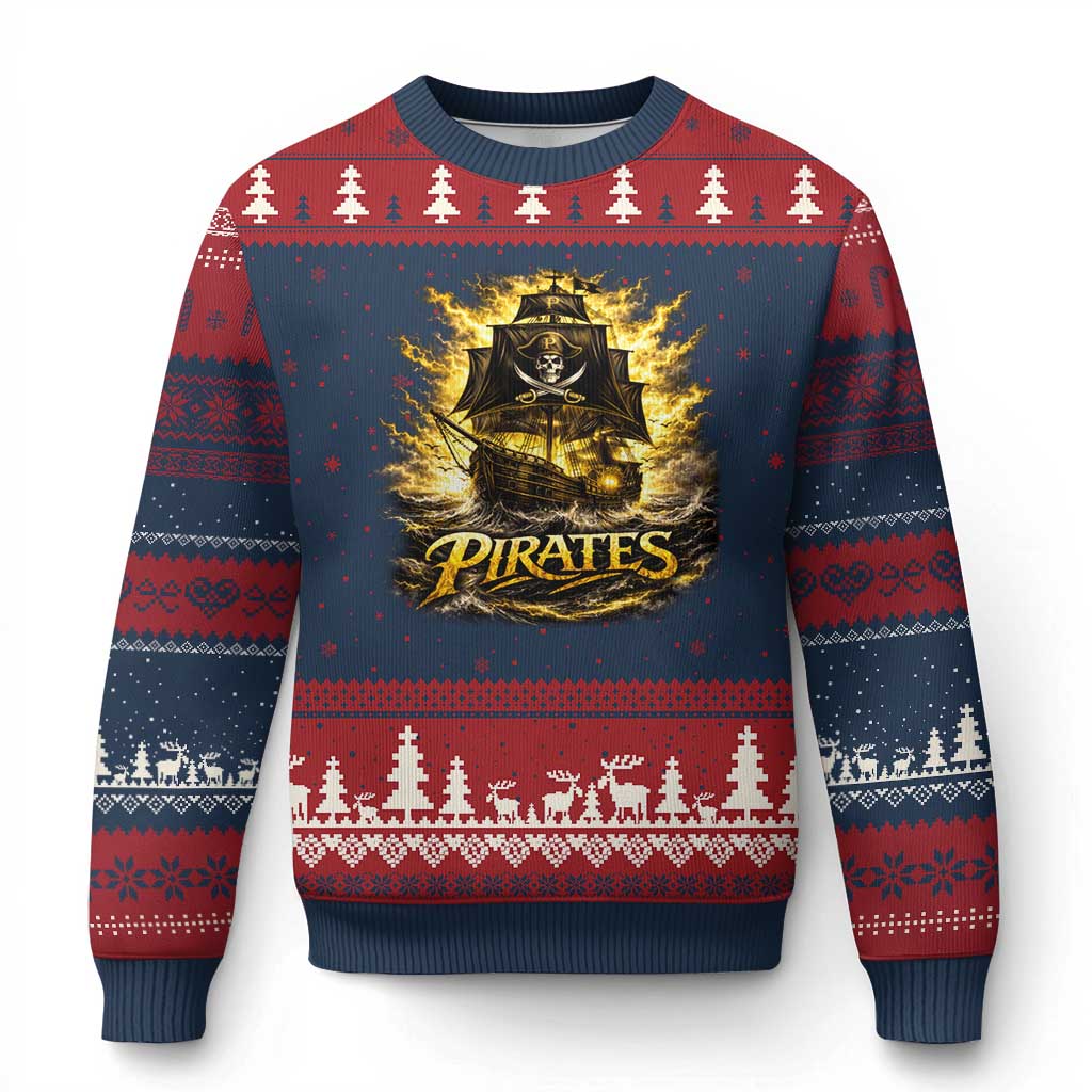 Pirate Lovers Ugly Christmas Sweater Vintage Golden Pirate Ship Skull Graphic