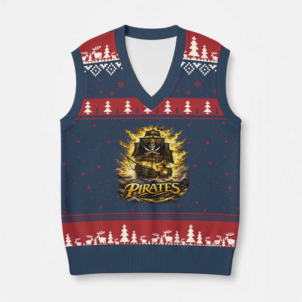Pirate Lovers V-Neck Knit Sweater Vest Vintage Golden Pirate Ship Skull Graphic