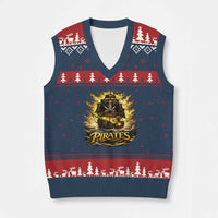 Pirate Lovers V-Neck Knit Sweater Vest Vintage Golden Pirate Ship Skull Graphic