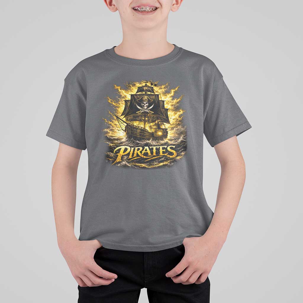 Pirate Lovers T Shirt For Kid Vintage Golden Pirate Ship Skull Graphic