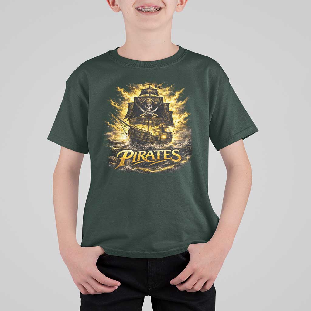 Pirate Lovers T Shirt For Kid Vintage Golden Pirate Ship Skull Graphic