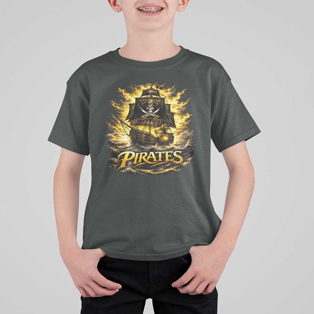 Pirate Lovers T Shirt For Kid Vintage Golden Pirate Ship Skull Graphic