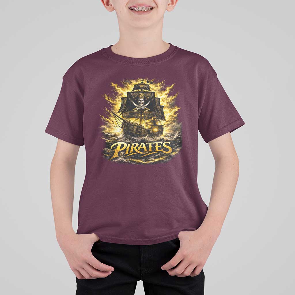 Pirate Lovers T Shirt For Kid Vintage Golden Pirate Ship Skull Graphic