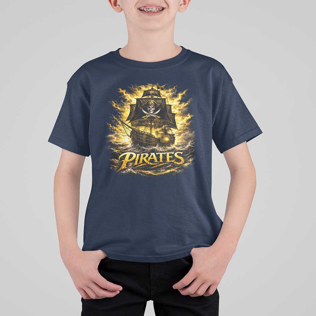 Pirate Lovers T Shirt For Kid Vintage Golden Pirate Ship Skull Graphic