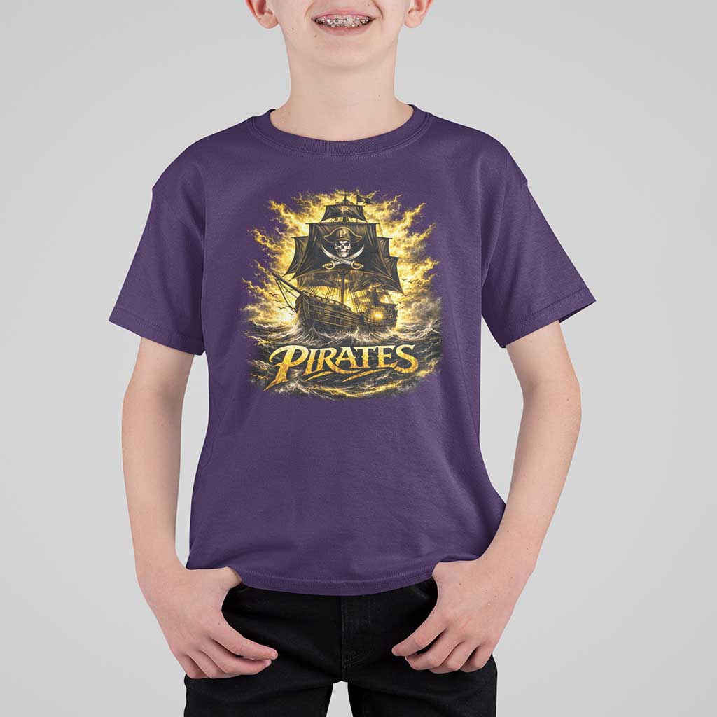 Pirate Lovers T Shirt For Kid Vintage Golden Pirate Ship Skull Graphic