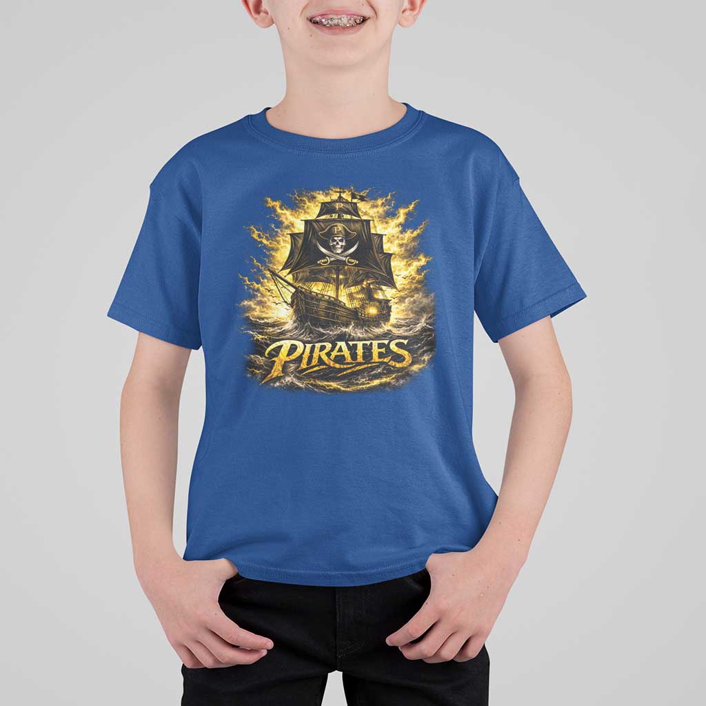 Pirate Lovers T Shirt For Kid Vintage Golden Pirate Ship Skull Graphic