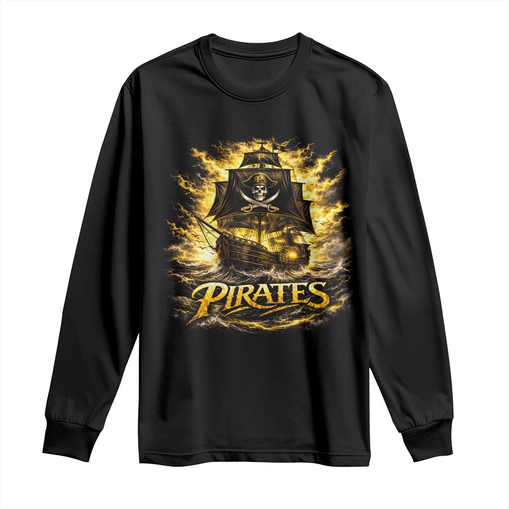 Pirate Lovers Long Sleeve Shirt Vintage Golden Pirate Ship Skull Graphic