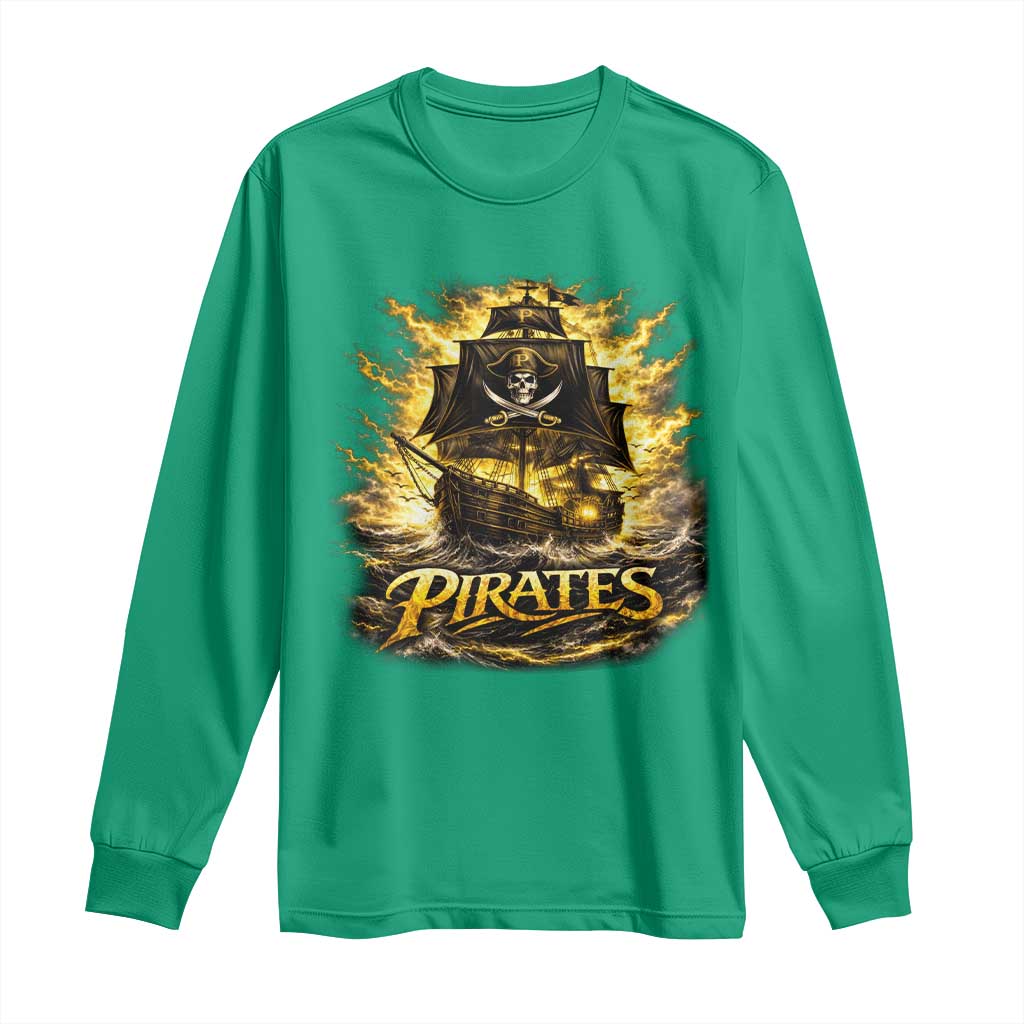 Pirate Lovers Long Sleeve Shirt Vintage Golden Pirate Ship Skull Graphic