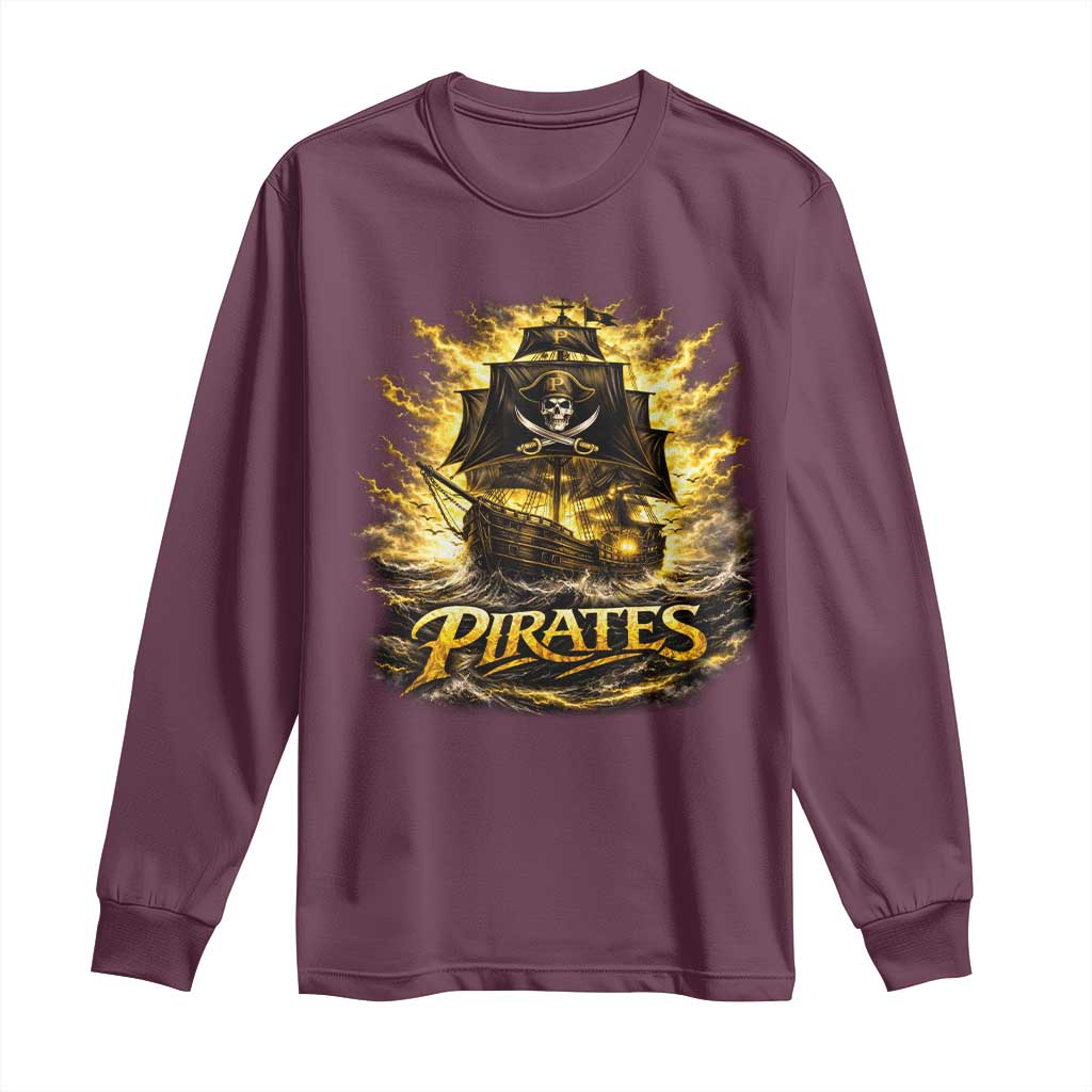 Pirate Lovers Long Sleeve Shirt Vintage Golden Pirate Ship Skull Graphic