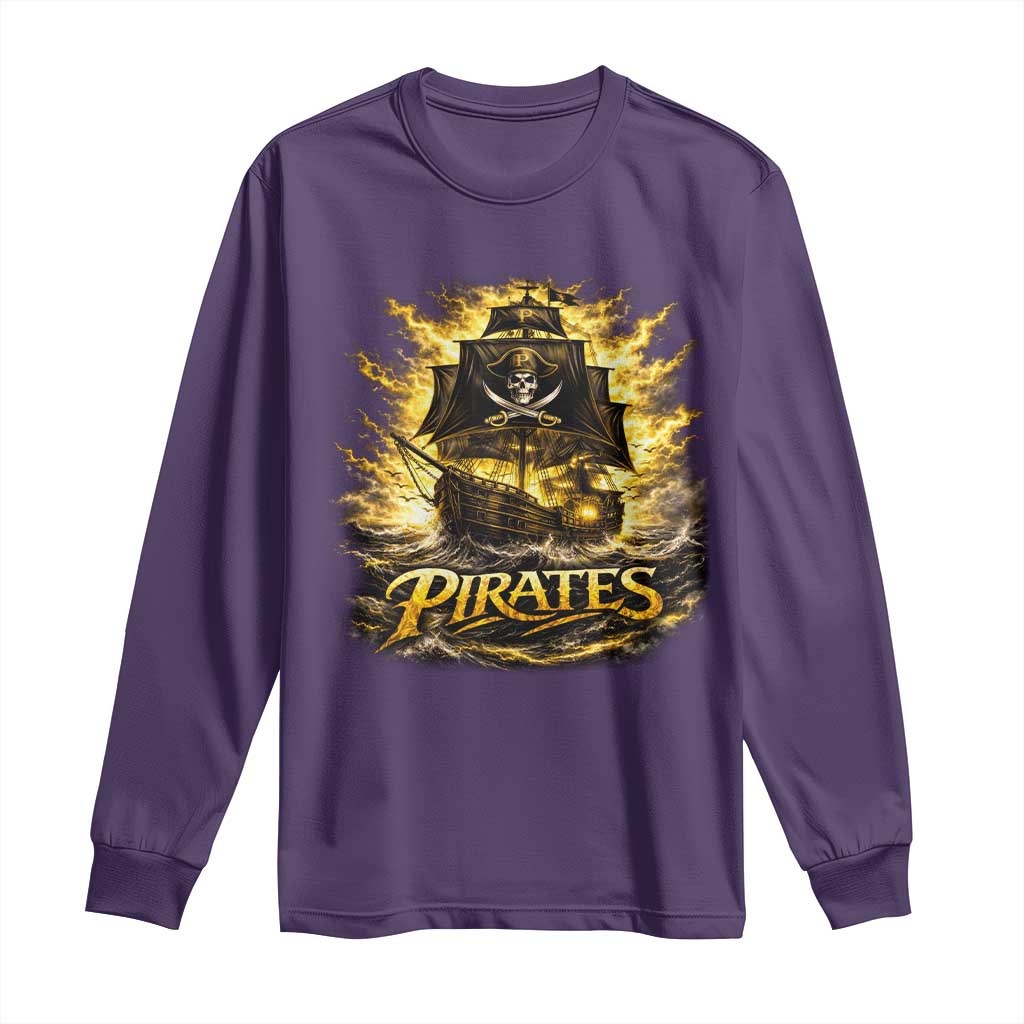 Pirate Lovers Long Sleeve Shirt Vintage Golden Pirate Ship Skull Graphic