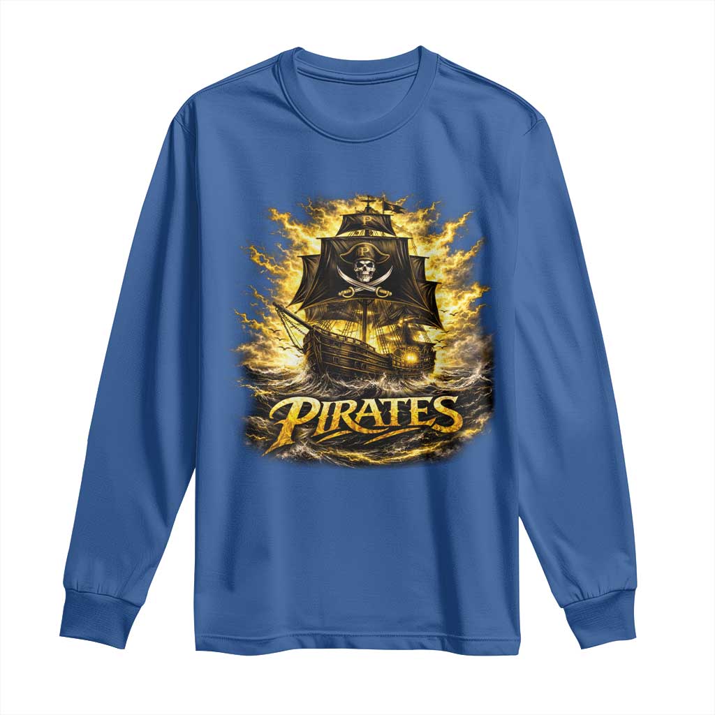 Pirate Lovers Long Sleeve Shirt Vintage Golden Pirate Ship Skull Graphic