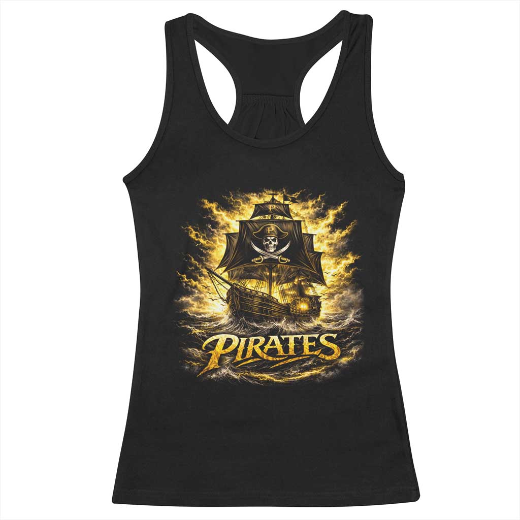 Pirate Lovers Racerback Tank Top Vintage Golden Pirate Ship Skull Graphic