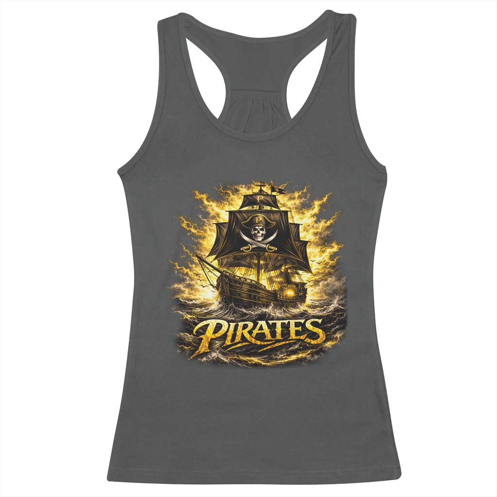 Pirate Lovers Racerback Tank Top Vintage Golden Pirate Ship Skull Graphic