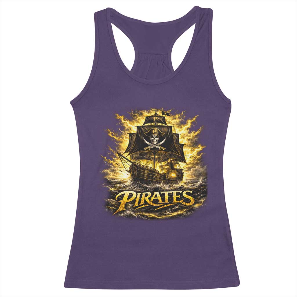 Pirate Lovers Racerback Tank Top Vintage Golden Pirate Ship Skull Graphic