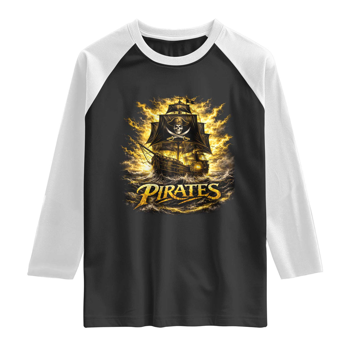 Pirate Lovers Raglan Shirt Vintage Golden Pirate Ship Skull Graphic