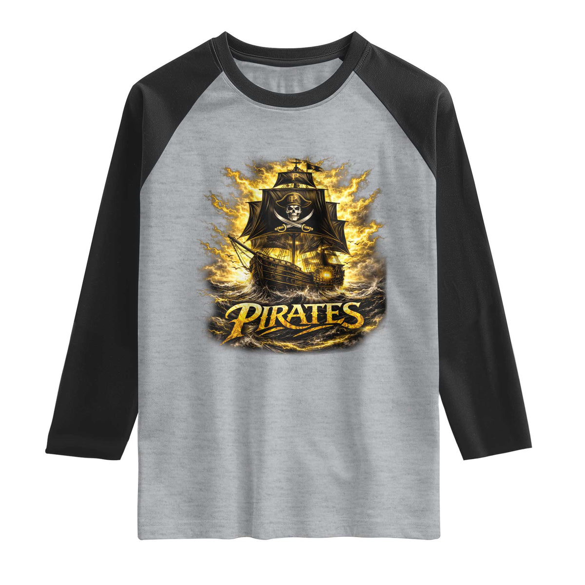 Pirate Lovers Raglan Shirt Vintage Golden Pirate Ship Skull Graphic