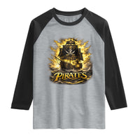 Pirate Lovers Raglan Shirt Vintage Golden Pirate Ship Skull Graphic