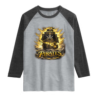Pirate Lovers Raglan Shirt Vintage Golden Pirate Ship Skull Graphic