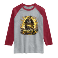 Pirate Lovers Raglan Shirt Vintage Golden Pirate Ship Skull Graphic