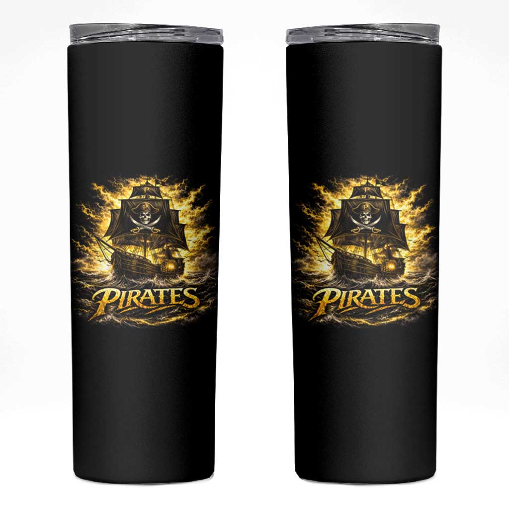 Pirate Lovers Skinny Tumbler Vintage Golden Pirate Ship Skull Graphic