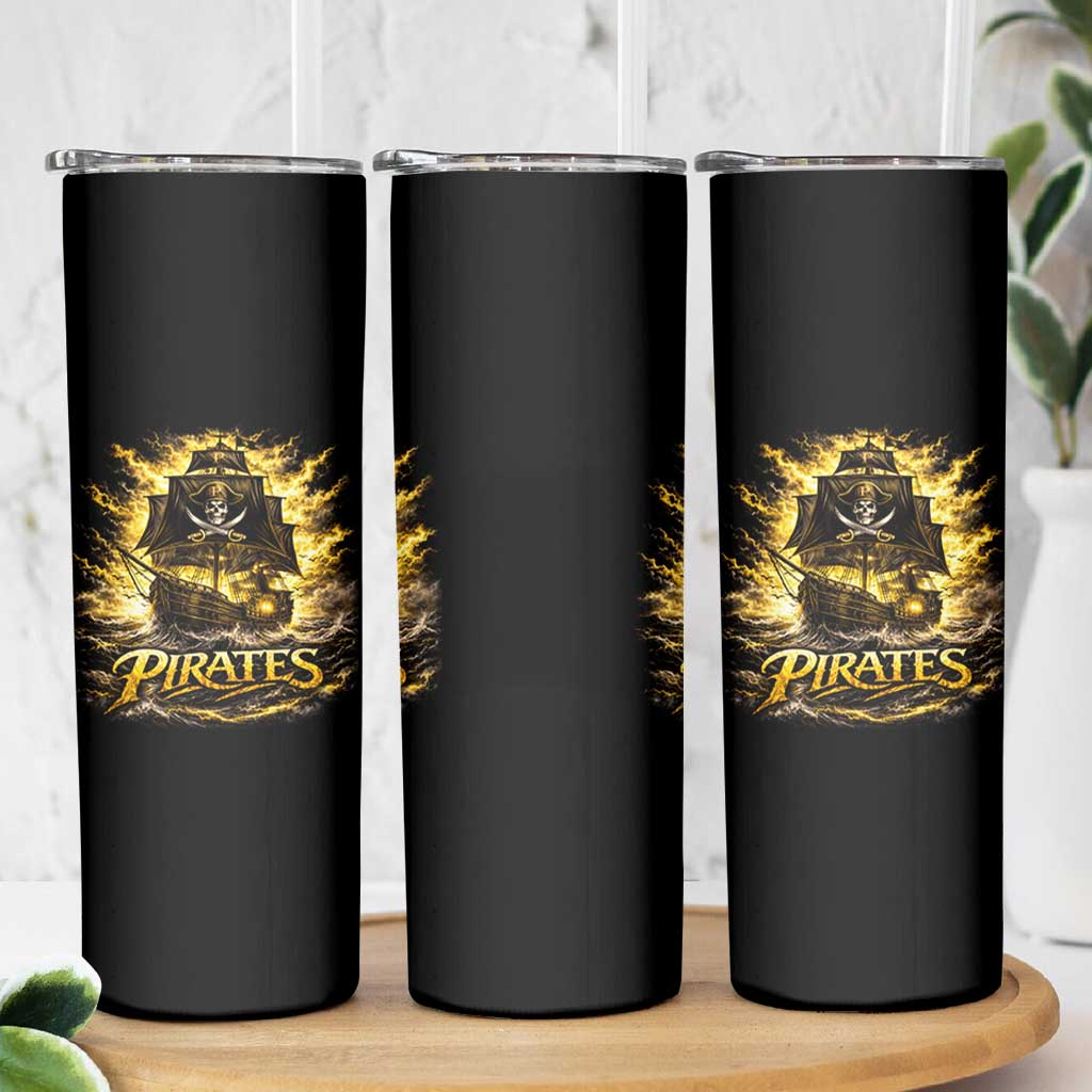 Pirate Lovers Skinny Tumbler Vintage Golden Pirate Ship Skull Graphic