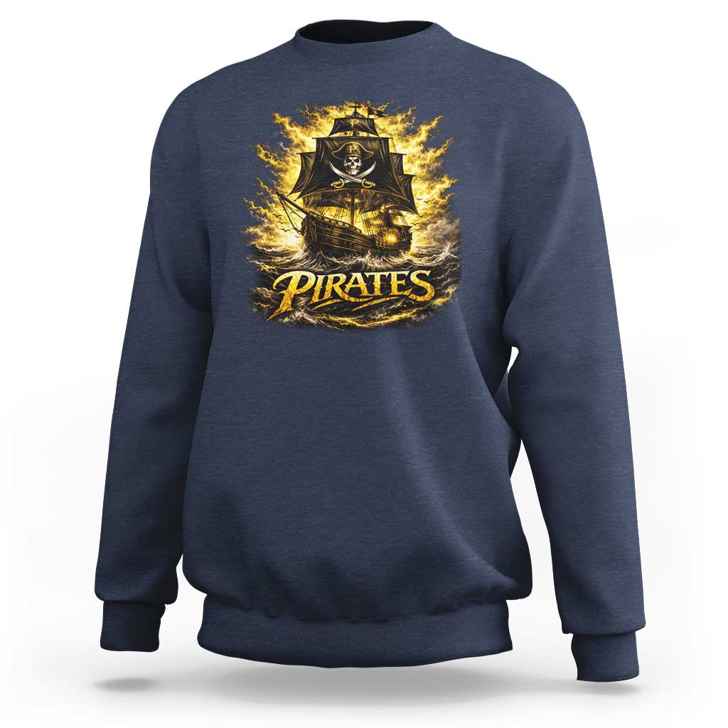 Pirate Lovers Sweatshirt Vintage Golden Pirate Ship Skull Graphic