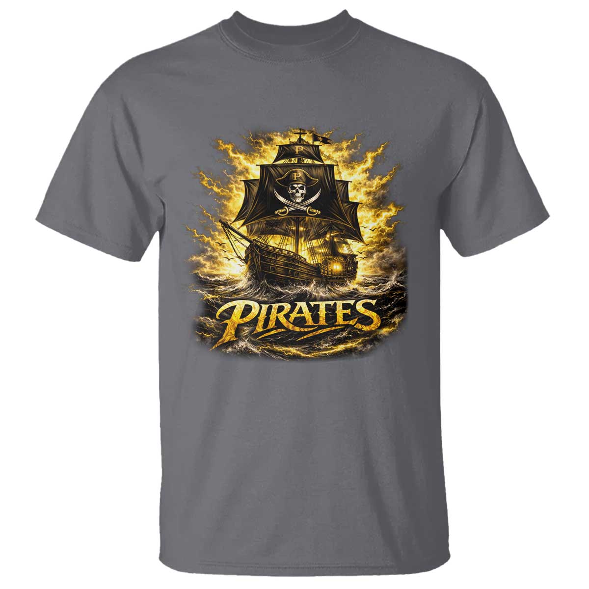 Pirate Lovers T Shirt Vintage Golden Pirate Ship Skull Graphic