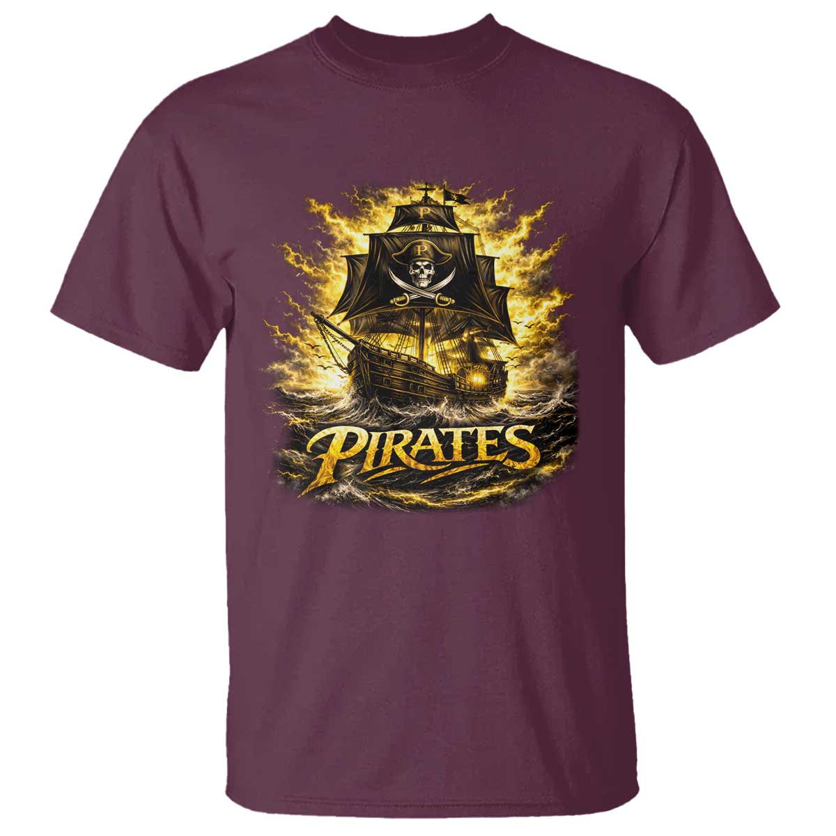Pirate Lovers T Shirt Vintage Golden Pirate Ship Skull Graphic