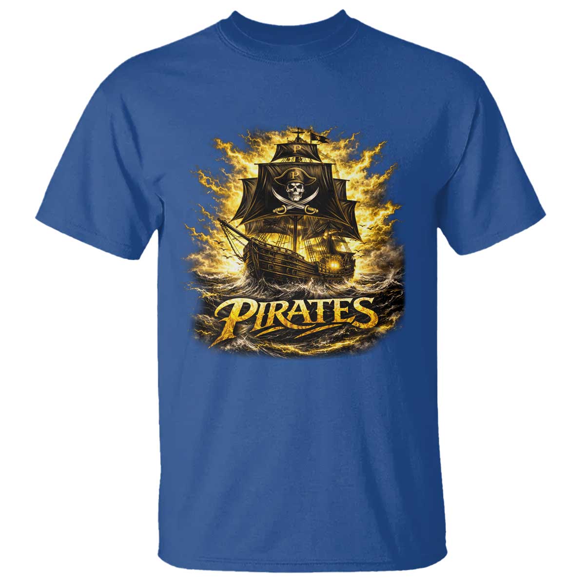 Pirate Lovers T Shirt Vintage Golden Pirate Ship Skull Graphic